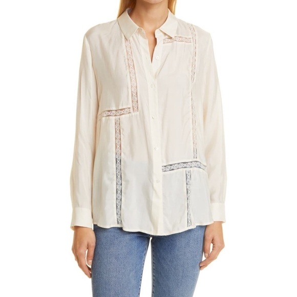 Rails White Sands Silky Cupro Blend Mona Lace Inset Tunic Blouse Button Down S - Picture 1 of 12